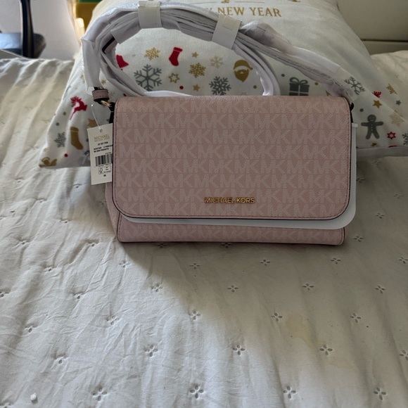 Michael Kors Handbags - Michael Kors Blush Logo-Print Flap Crossbody with Gold Hardware